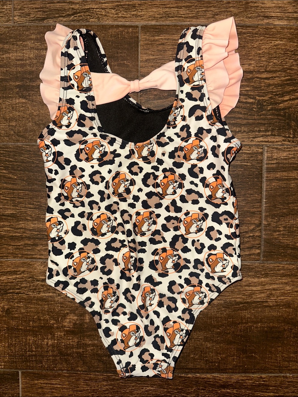 Buc-ee’s Girls 3T Leopard Print One Piece Swimsuit coral Ruffle - Picture 5 of 7